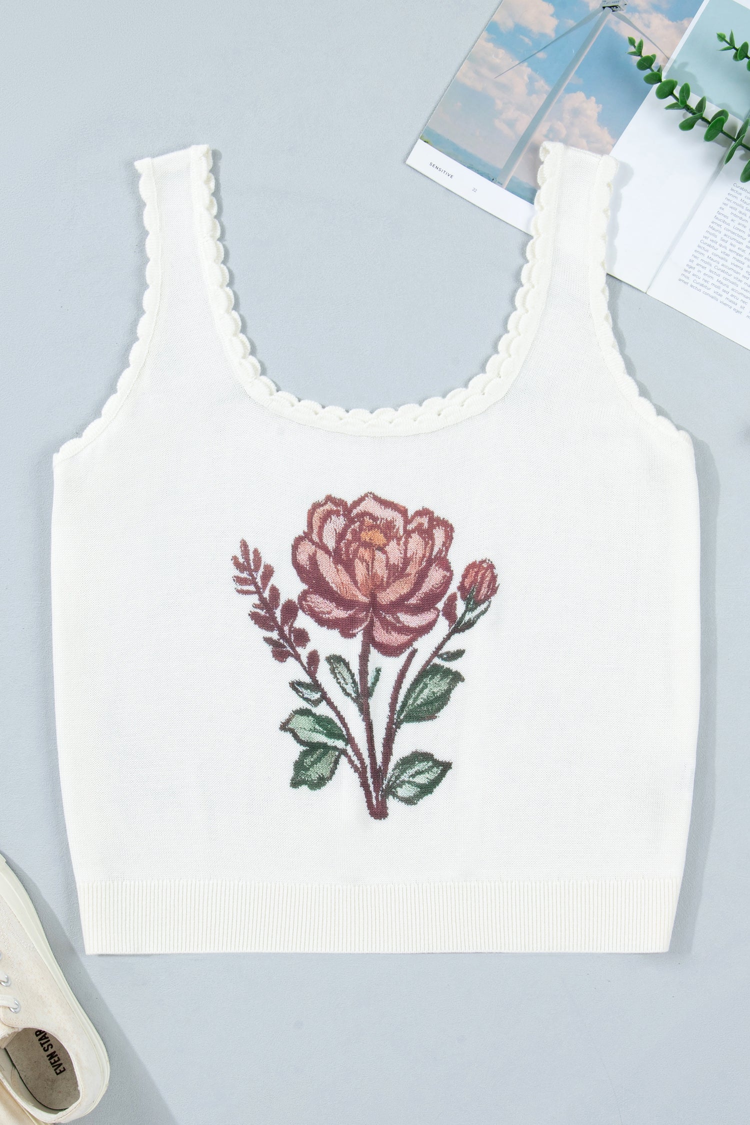 Plus Size Floral Scalloped Trim Square Neck Sweater Vest