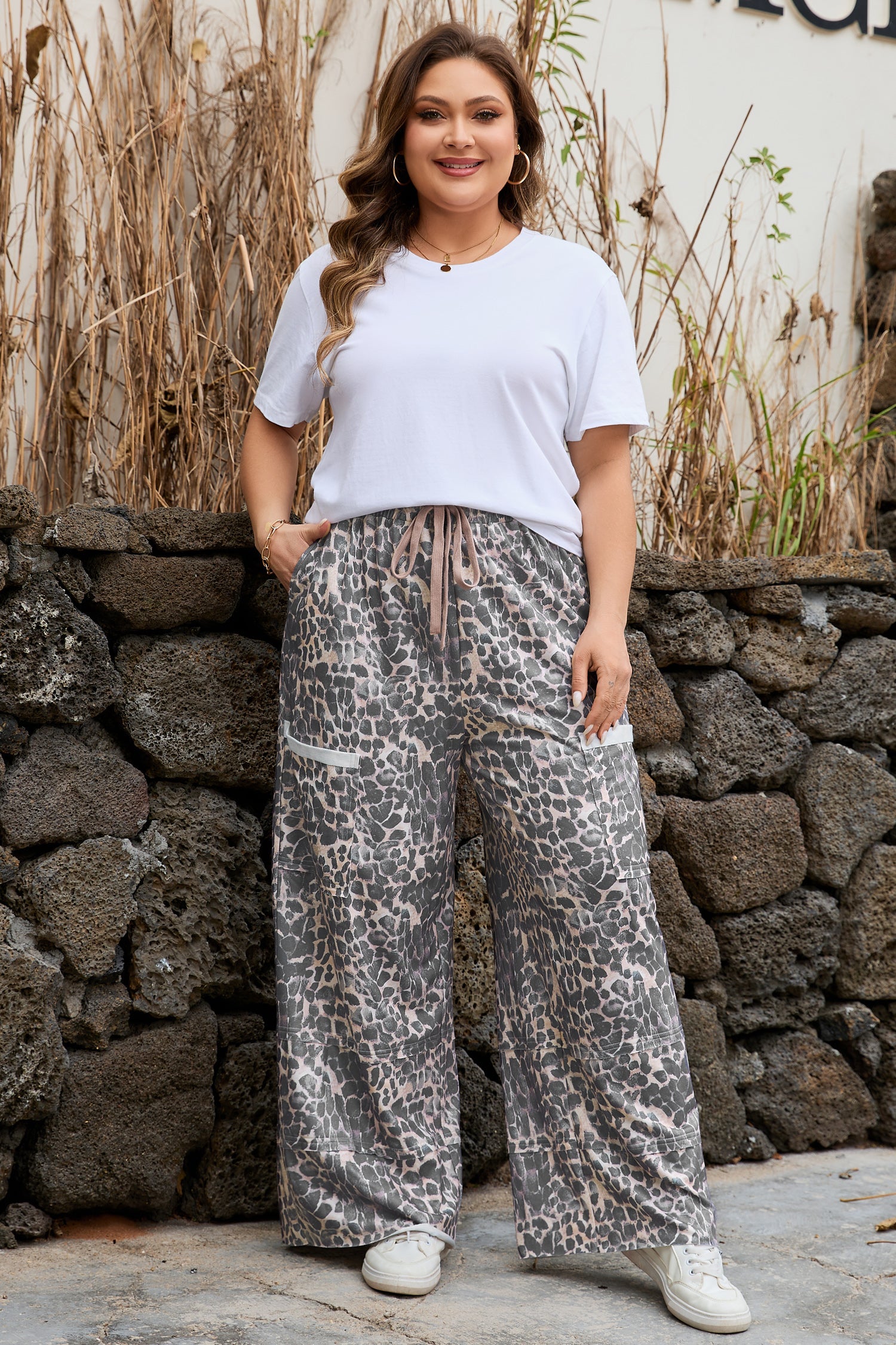 Plus Size Leopard Print Drawstring Pants