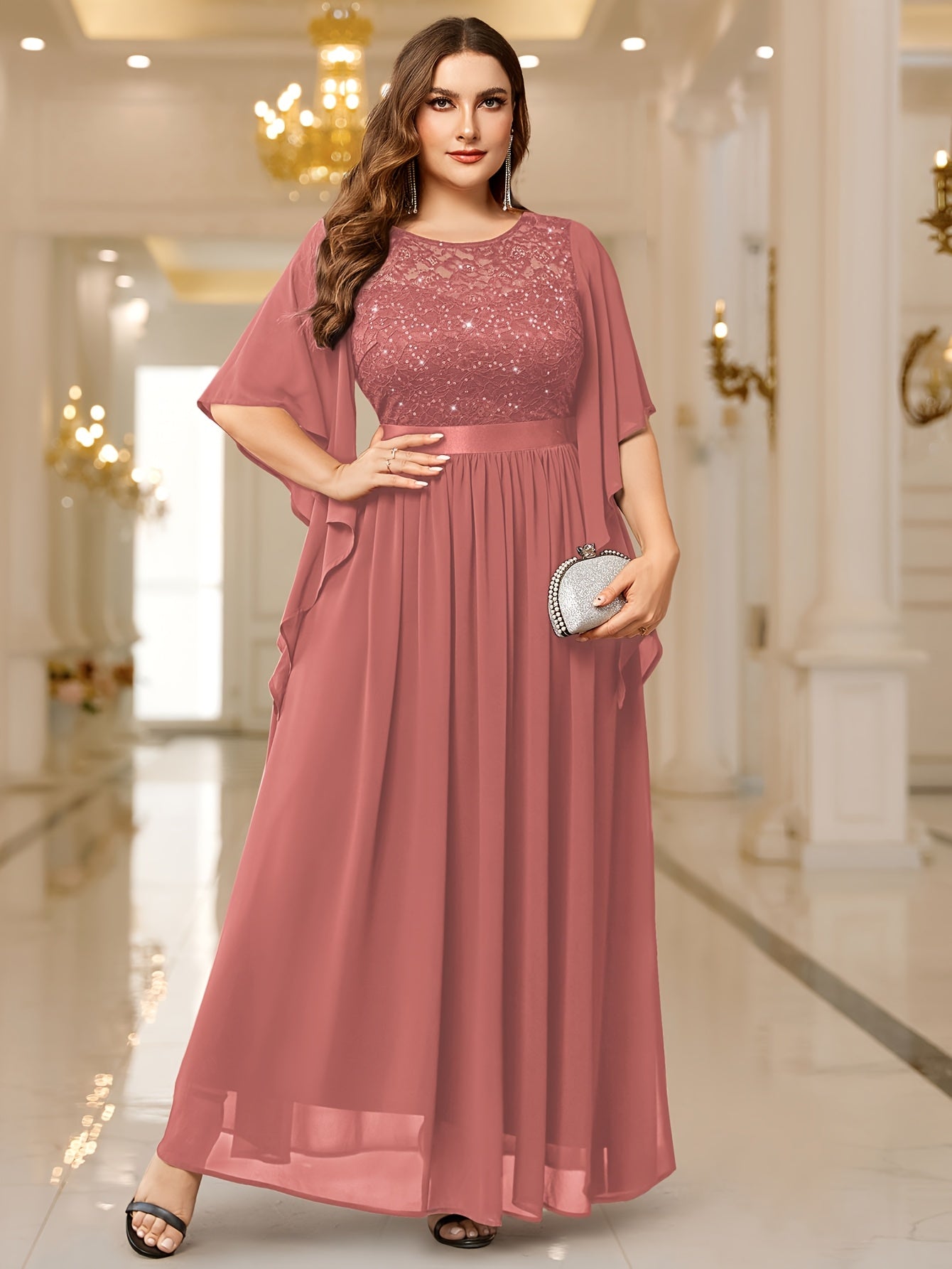 Plus Size Elegant Butterfly Sleeve Maxi Dress