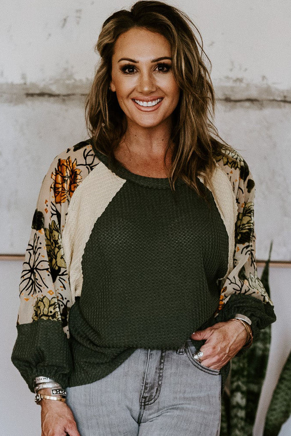 Plus Size Floral Raglan Colorblock Blouse