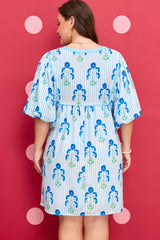 Plus Size Floral Striped Bubble Sleeve Dress