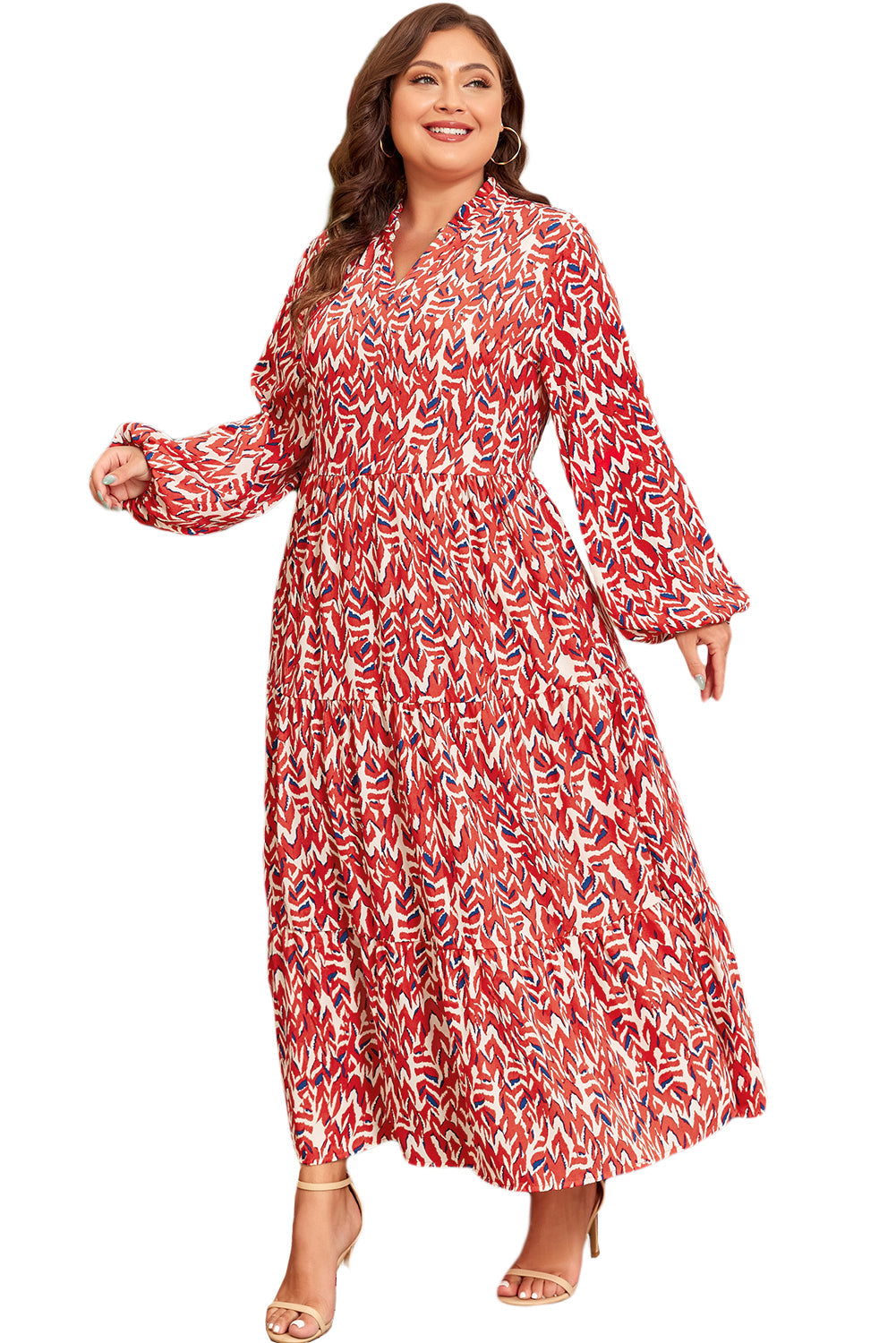 Plus Size Abstract Print V-Neck High Waist Maxi Dress