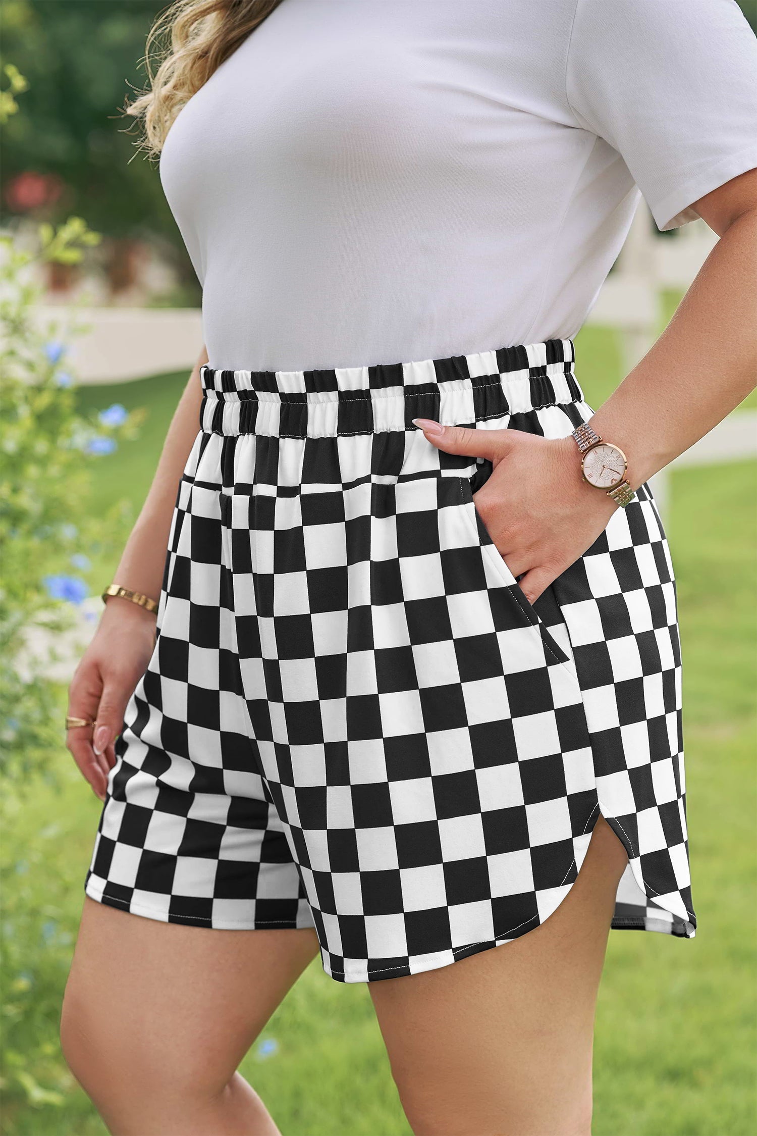 Plus Size Checkered Athleisure Shorts