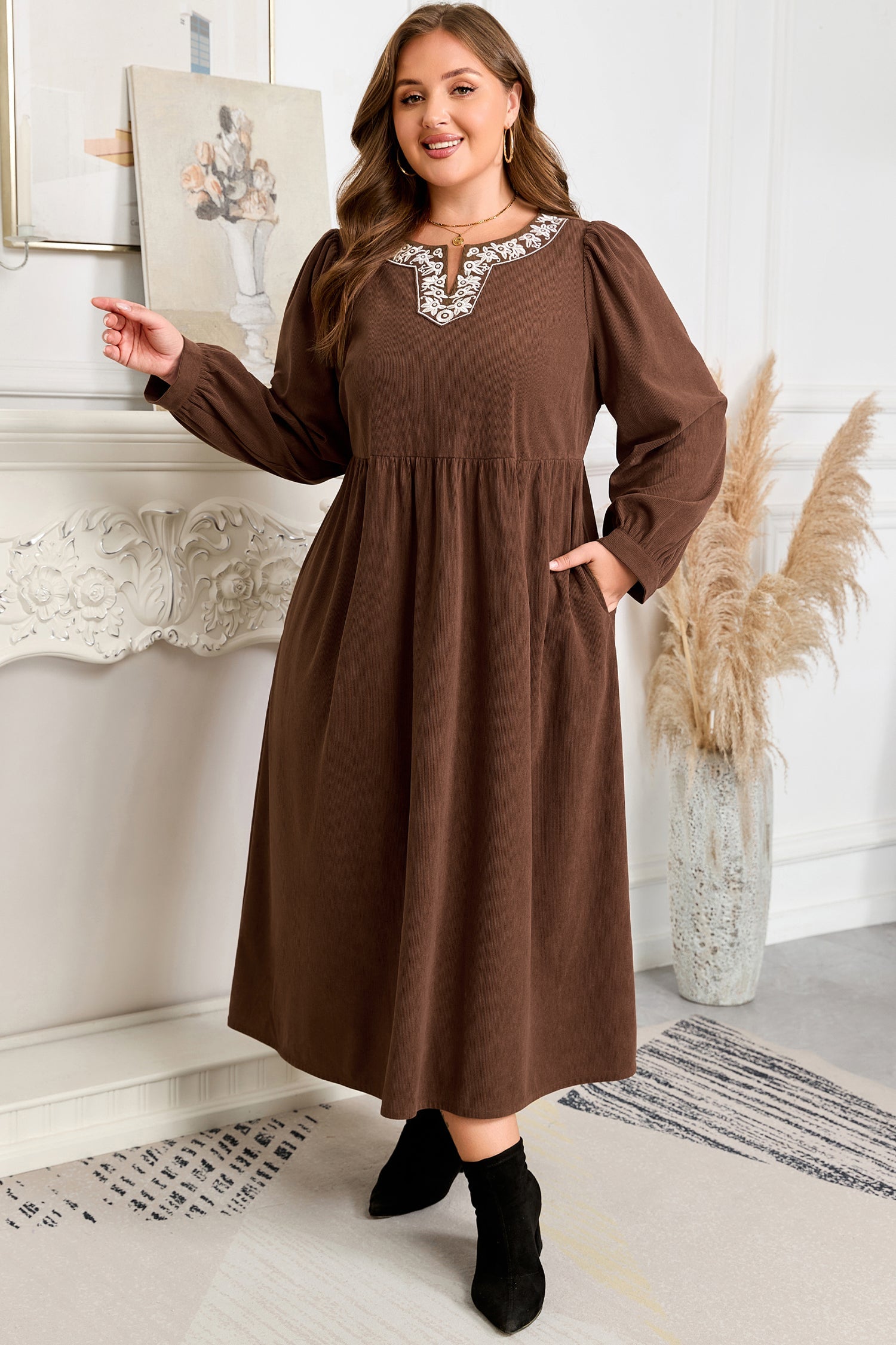 Plus Size Embroidered Notched Neck Pleated Midi Dress