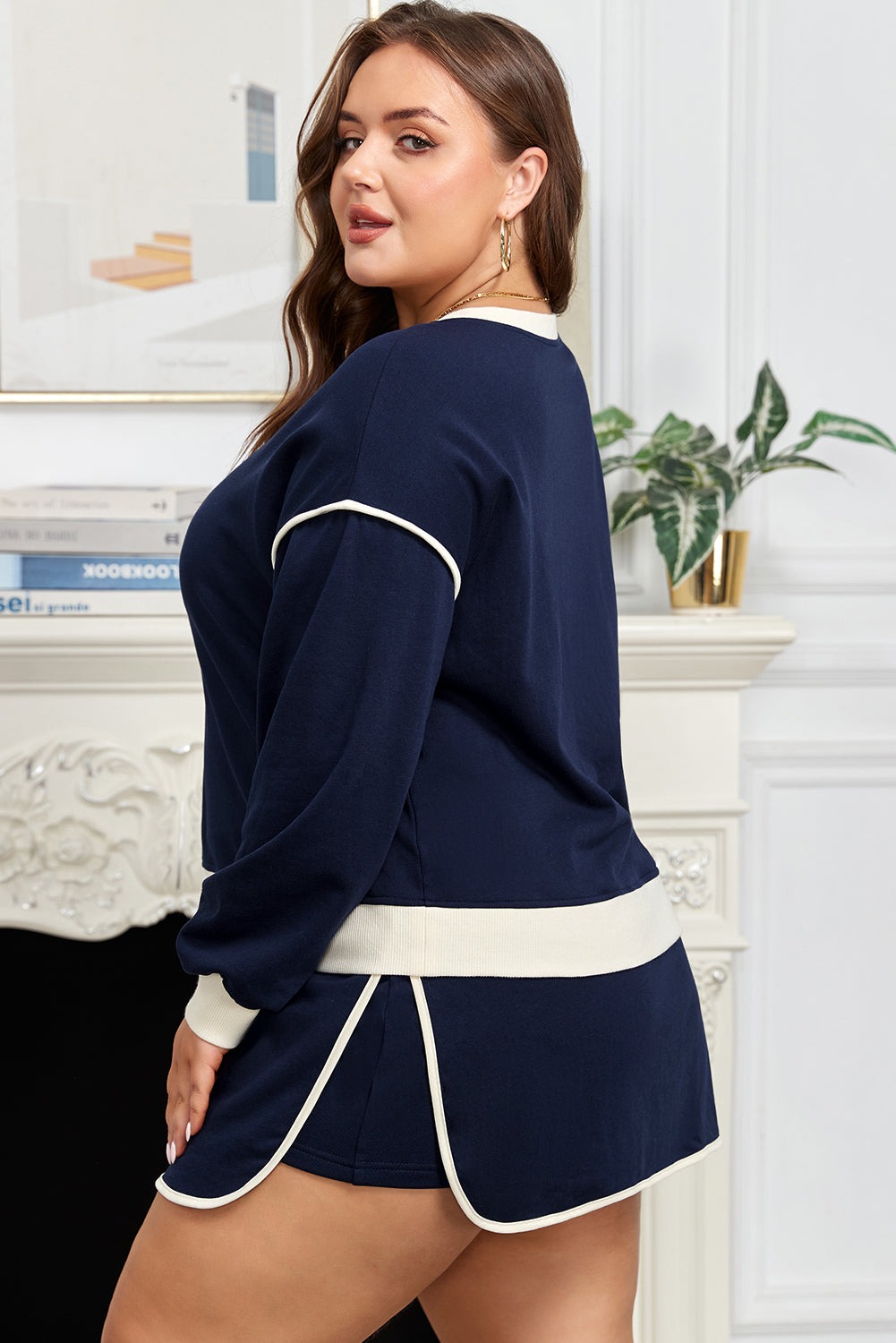 Plus Size Color Block Drop Shoulder Top and Lace-Up Skirt Set