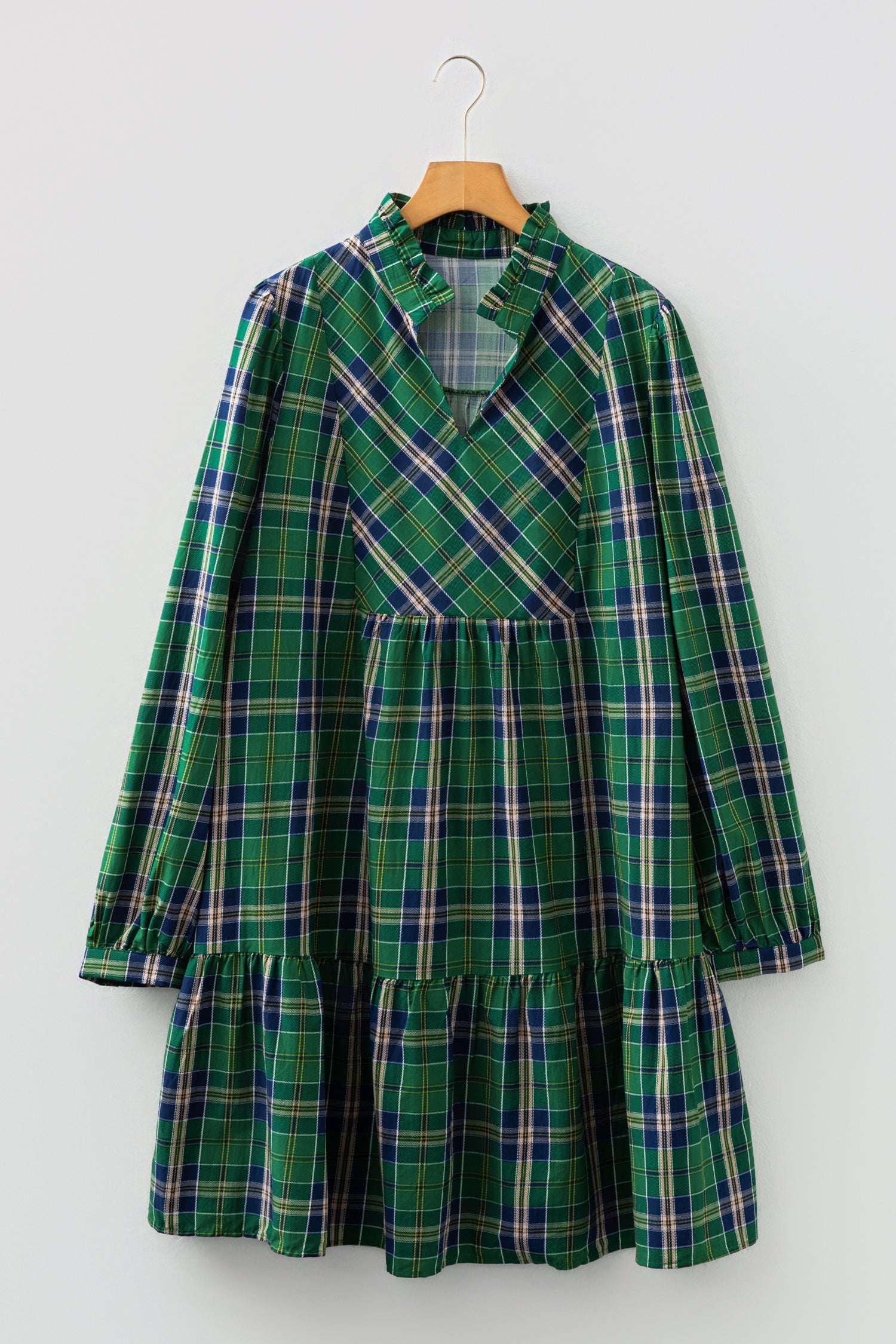 Plus Size Green Plaid Long Sleeve Shift Mini Dress