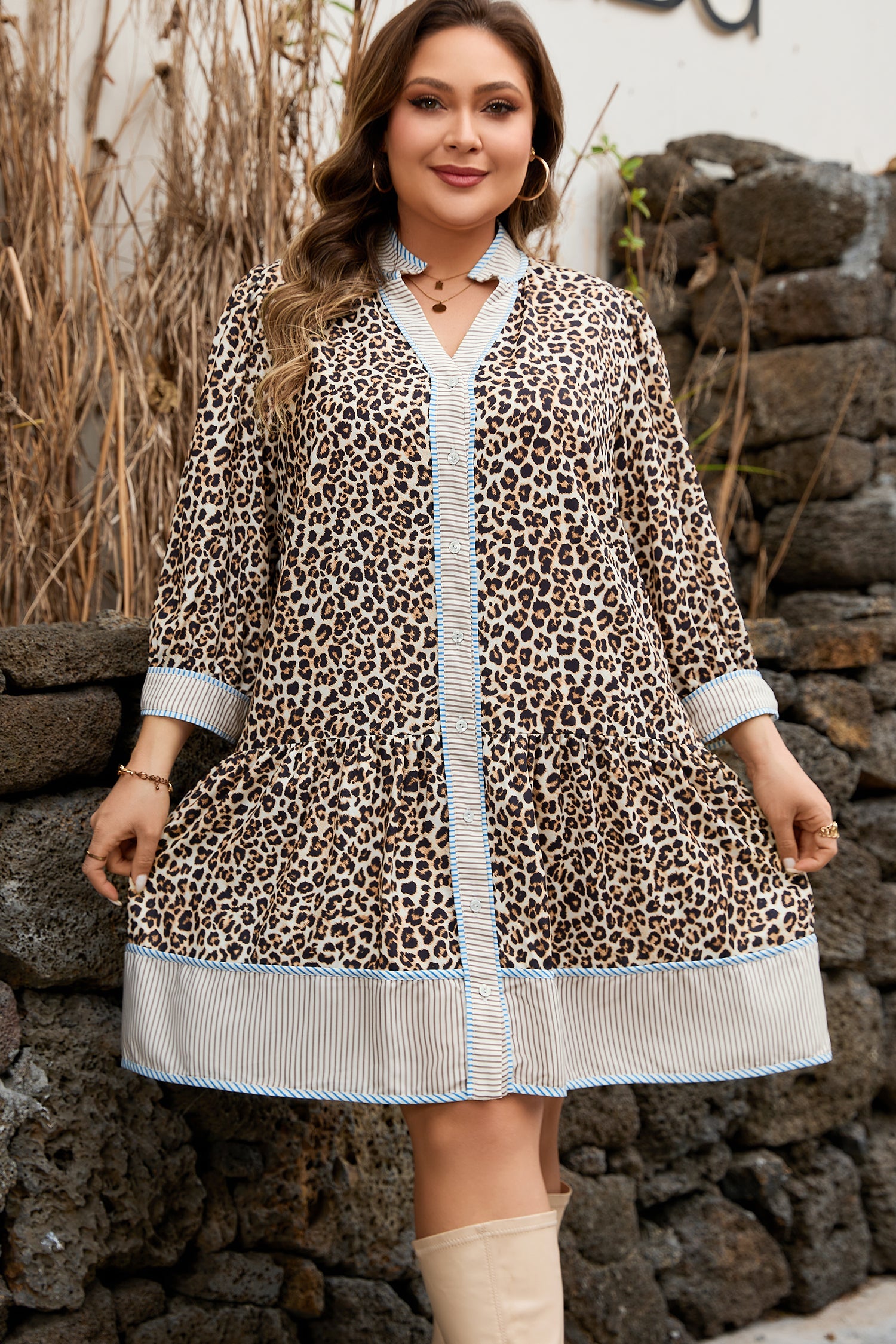 Plus Size Leopard Print V-Neck Mini Dress