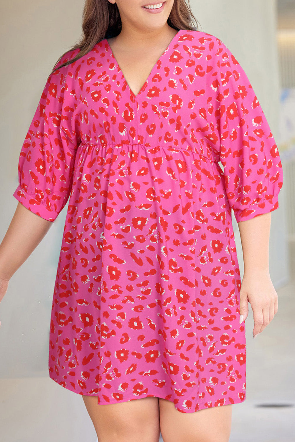 Plus Size 3/4 Sleeve V-Neck Leopard Babydoll Dress