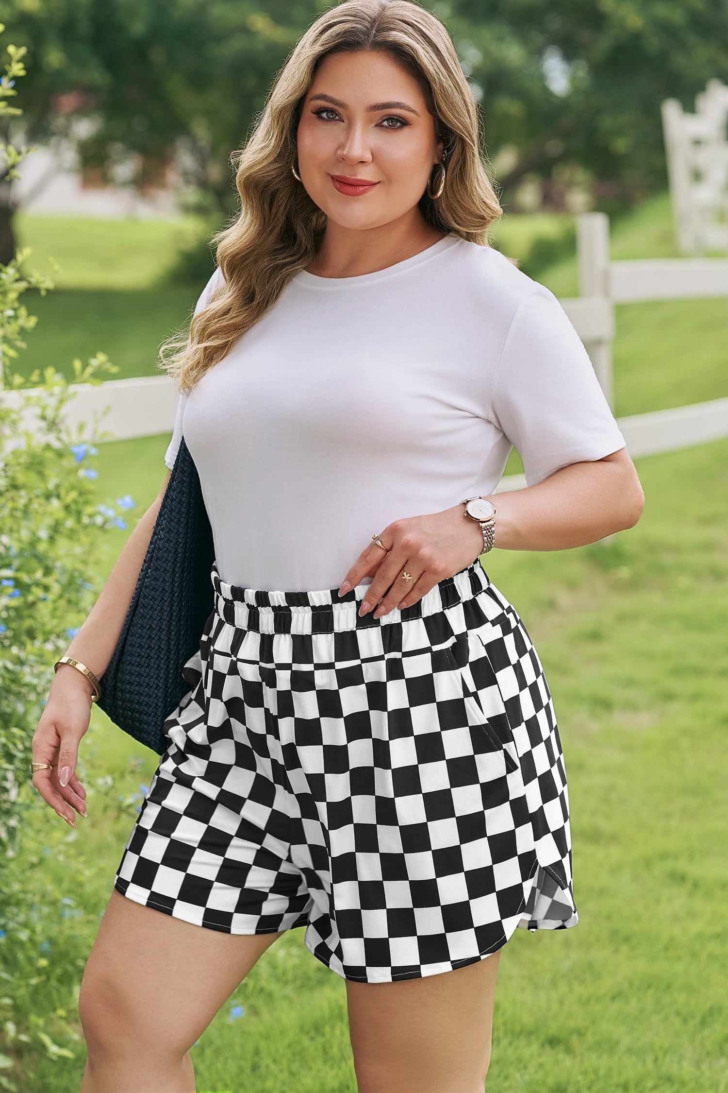 Plus Size Checkered Athleisure Shorts