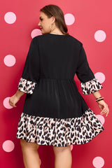 Plus Size Leopard Patchwork V Neck 3/4 Sleeve Mini Dress