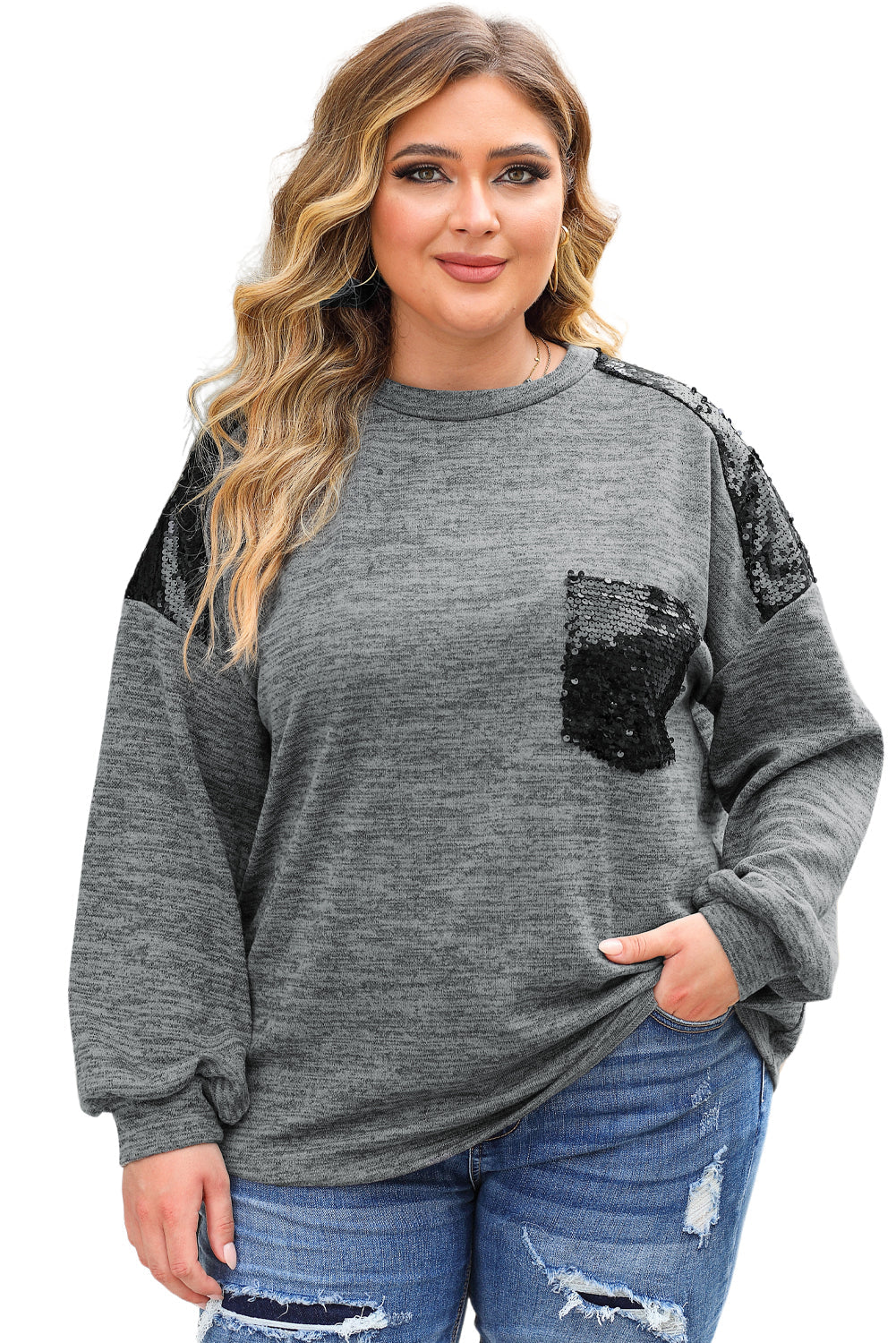 Plus Size Gray Sequin Patchwork Long Sleeve Top