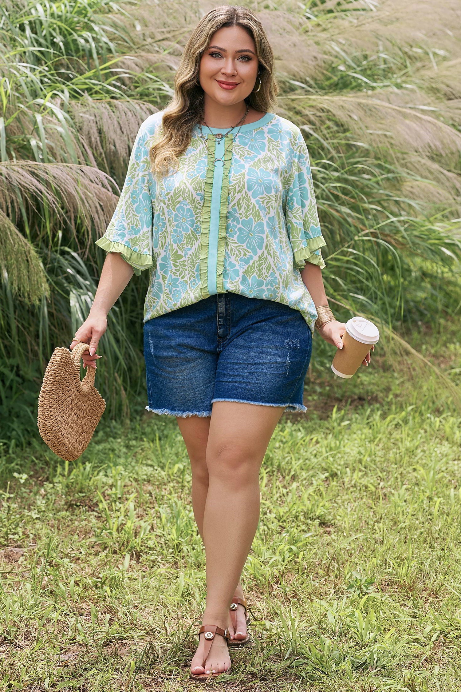 Plus Size Floral Frilled Color Block Trim Blouse