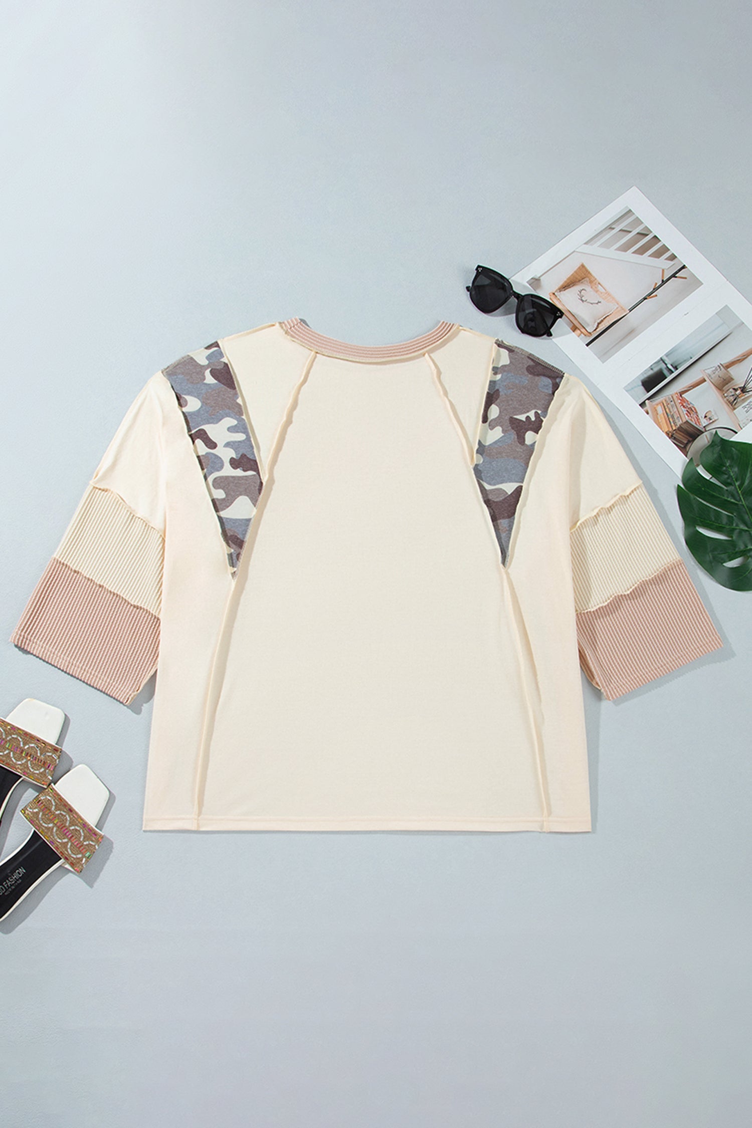 Plus Size Camo Panel Twist Rib Sleeve Blouse