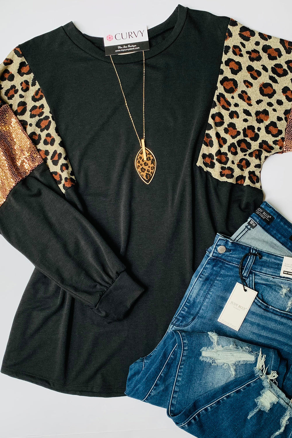 Plus Size Leopard Sequin Long Sleeve Top