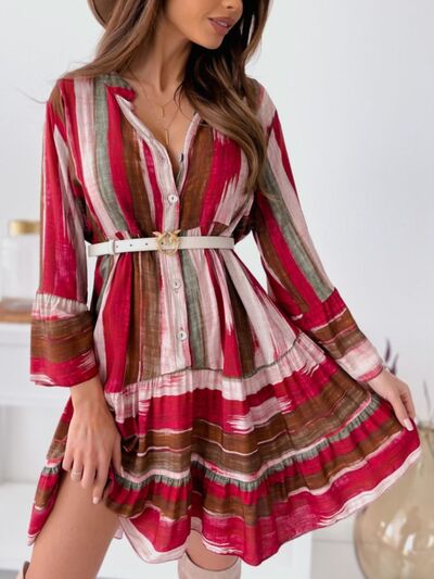 Plus Size Buttoned Striped Long Sleeve Mini Dress