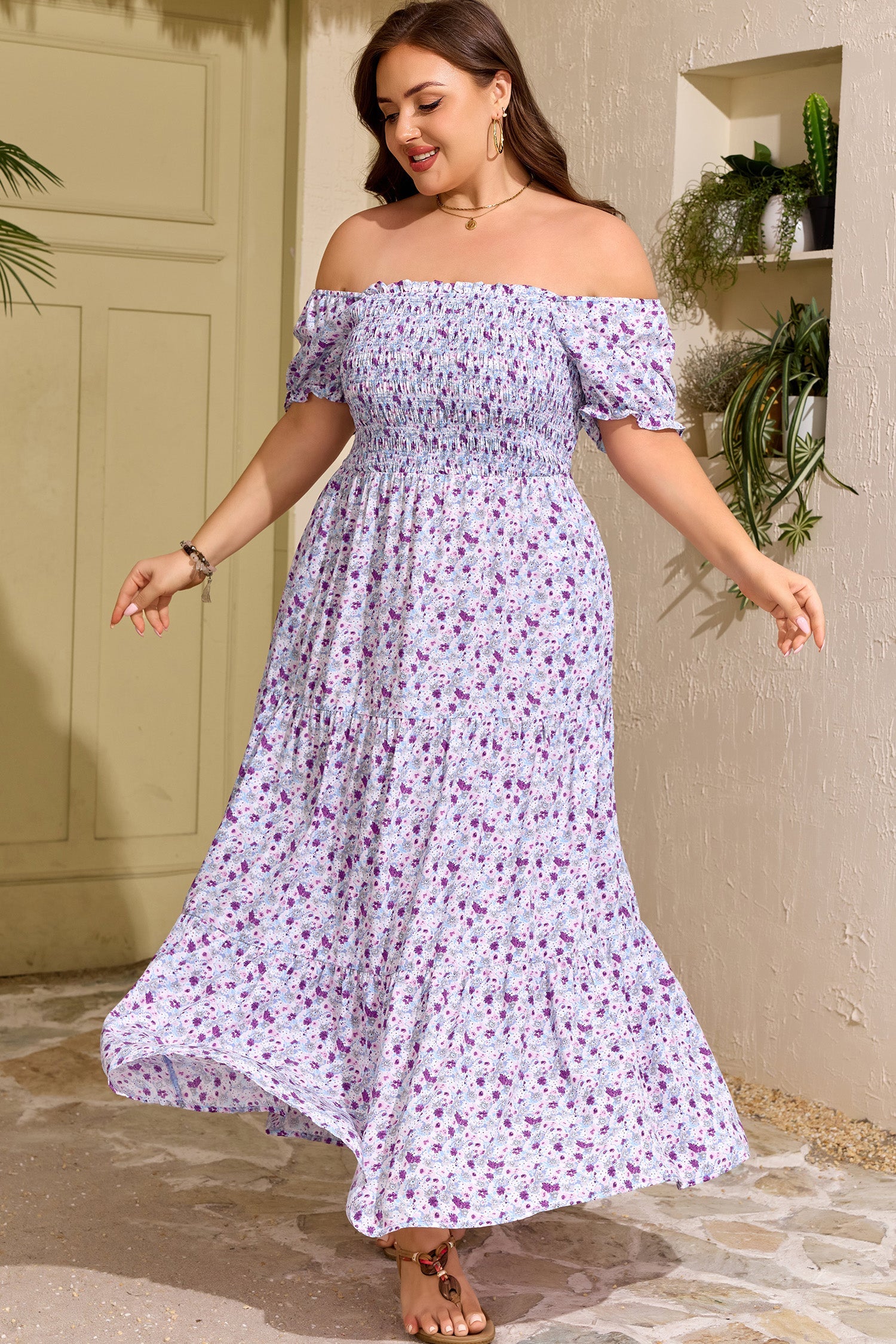 Plus Size Floral Square Neck Smocked Maxi Dress