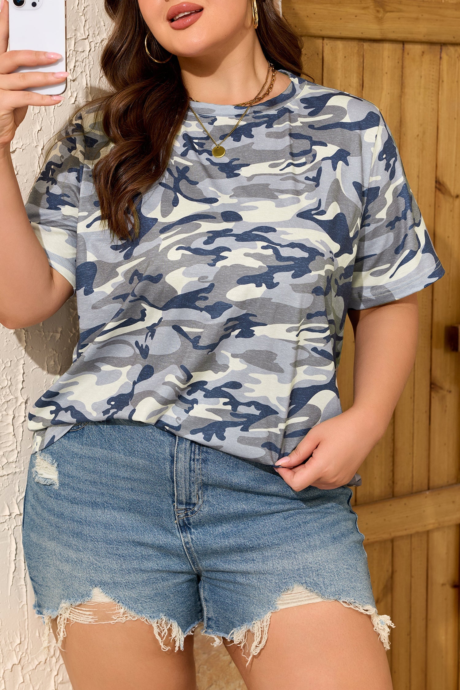 Plus Size Camo Print Crew Neck Short Sleeve Tee