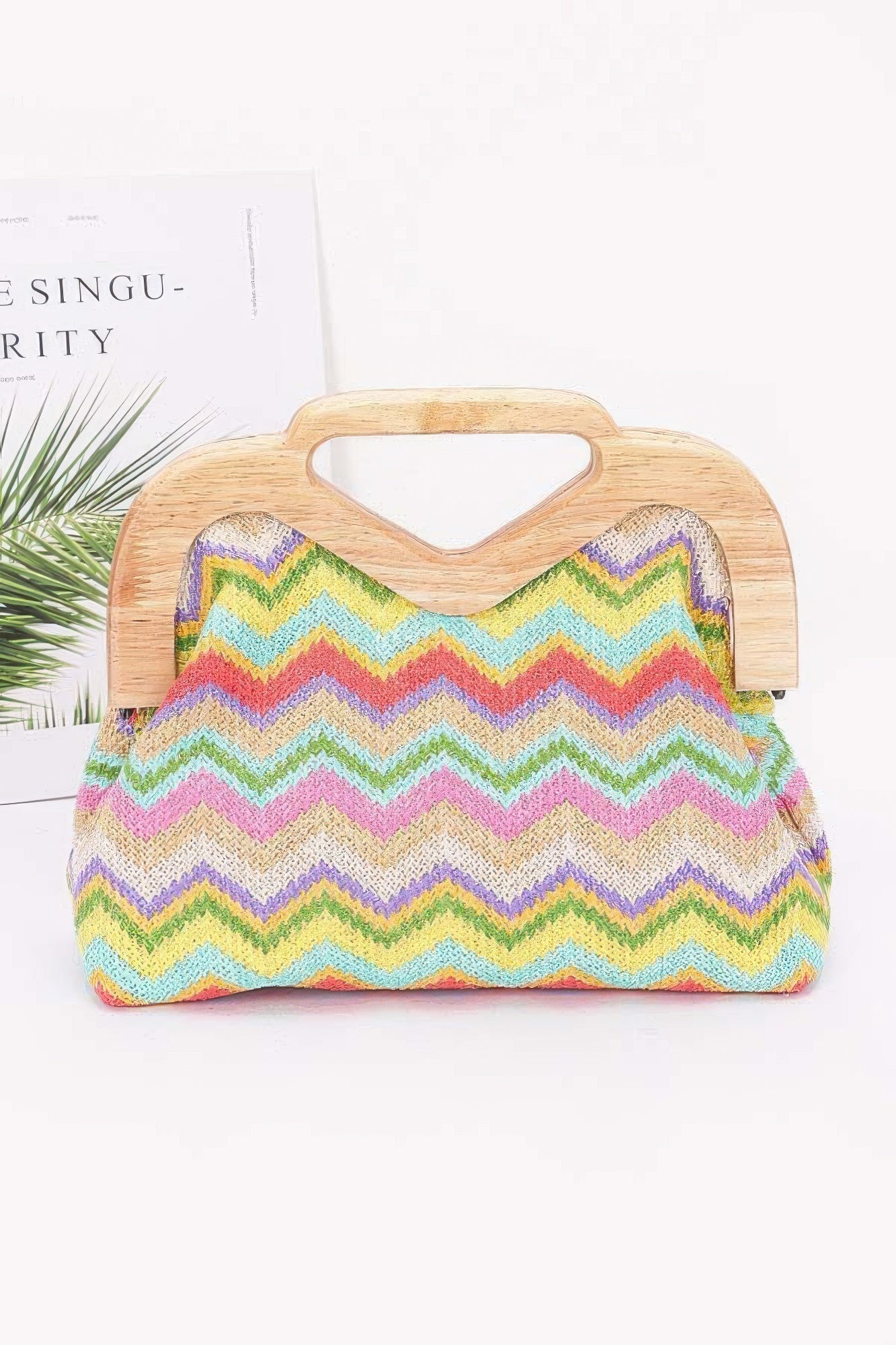 Plus Size Faux Straw Wood Frame Clutch