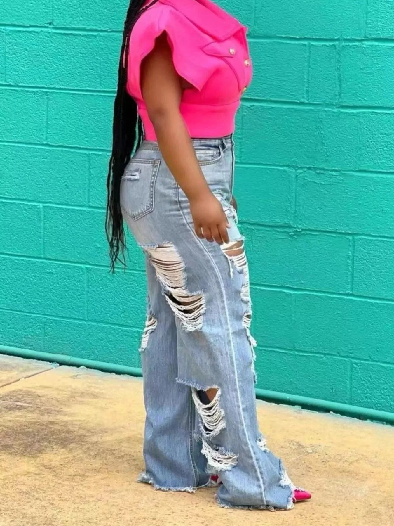 Plus Size Distressed Wide Leg Denim Jeans