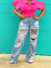 Plus Size Distressed Wide Leg Denim Jeans