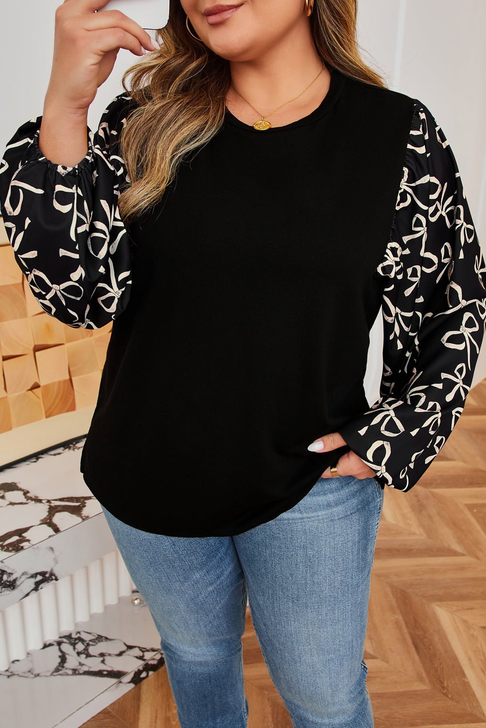 Plus Size Bow Knot Patchwork Crewneck Blouse