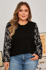 Plus Size Bow Knot Patchwork Crewneck Blouse