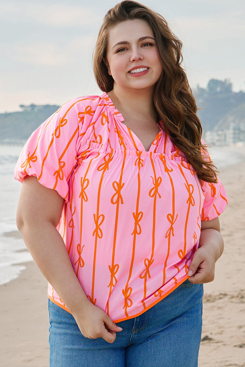 Plus Size Bowknot Print Shirred V Neck Puff Sleeve Blouse