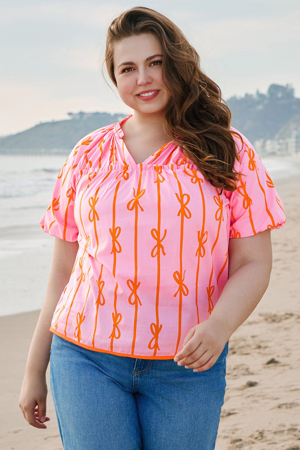 Plus Size Bowknot Print Shirred V Neck Puff Sleeve Blouse