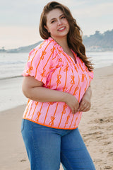 Plus Size Bowknot Print Shirred V Neck Puff Sleeve Blouse