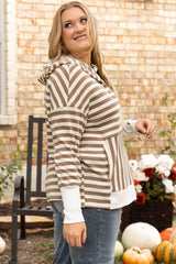 Plus Size Brown Stripe Quarter Button Drop Sleeve Hoodie