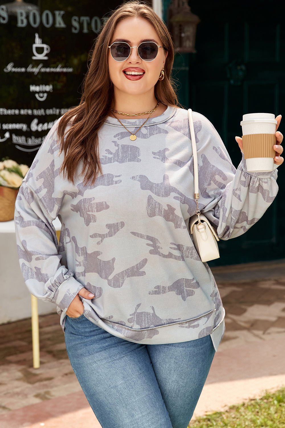 Plus Size Camouflage Print Round Neck Sweatshirt