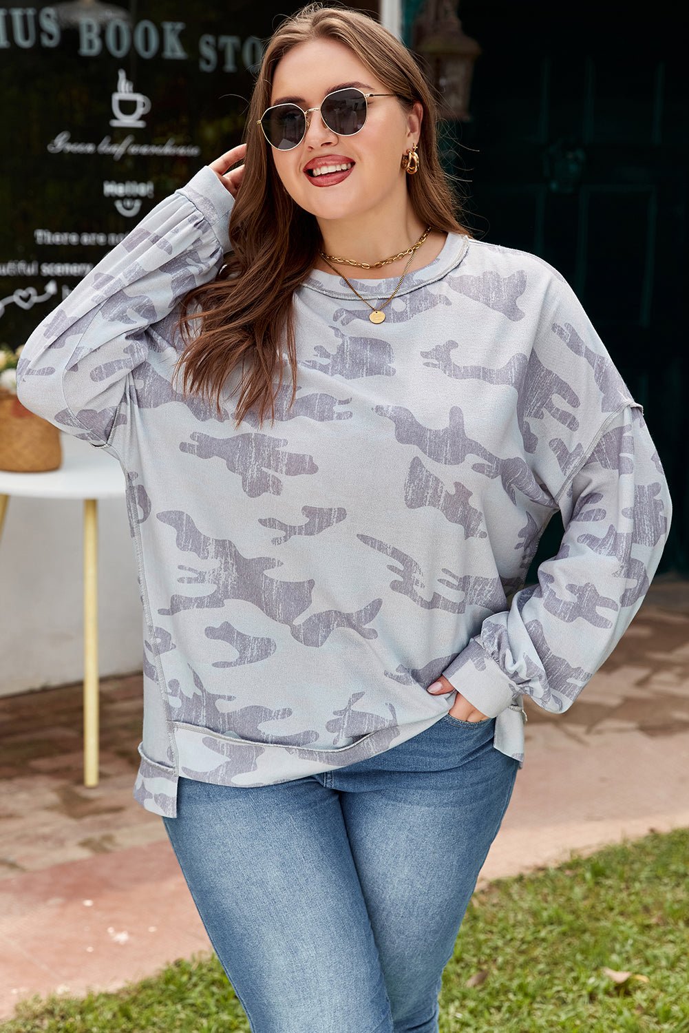 Plus Size Camouflage Print Round Neck Sweatshirt