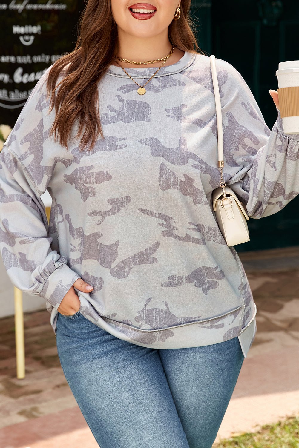 Plus Size Camouflage Print Round Neck Sweatshirt