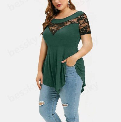 Plus Size Floral Lace Irregular Hem Blouse
