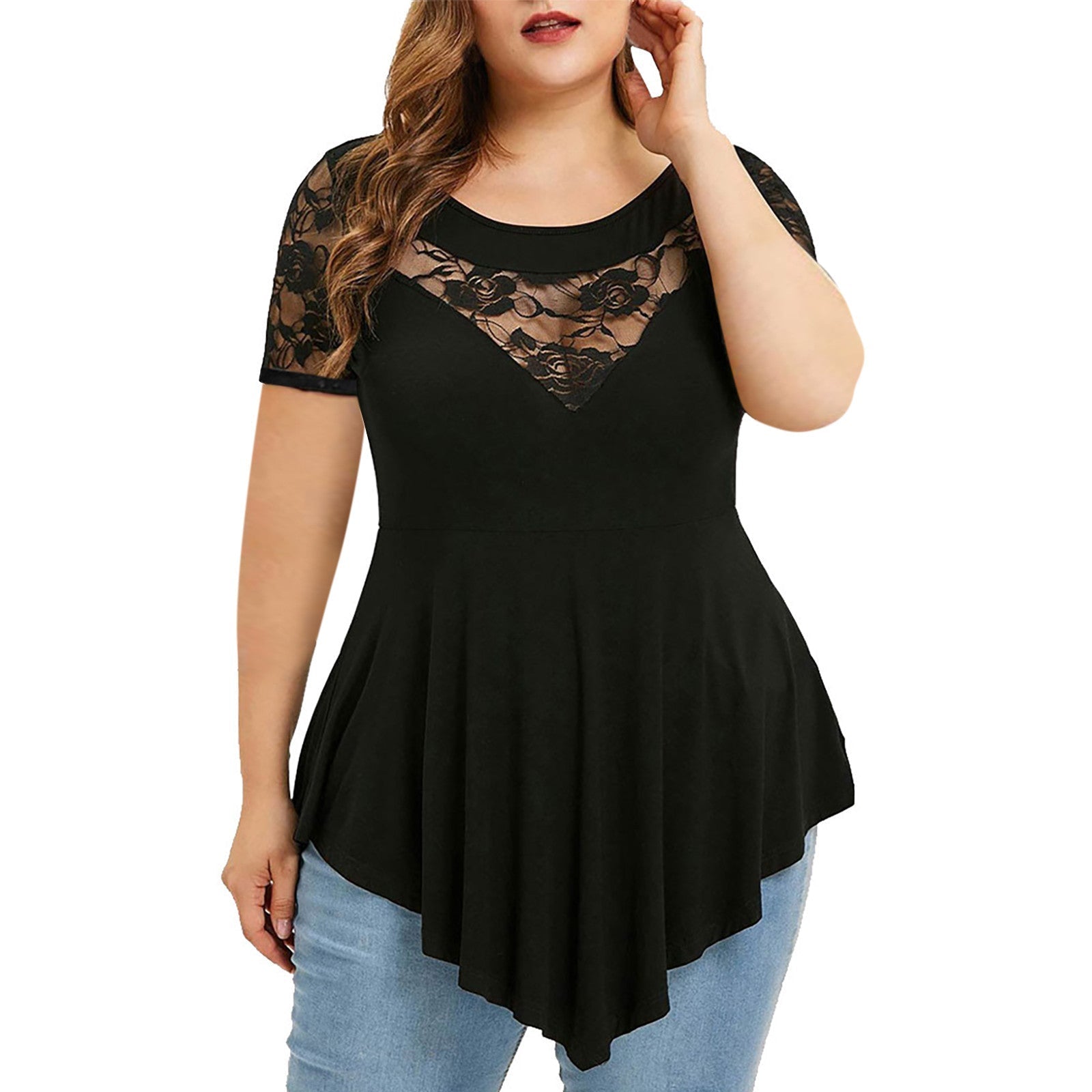 Plus Size Floral Lace Irregular Hem Blouse