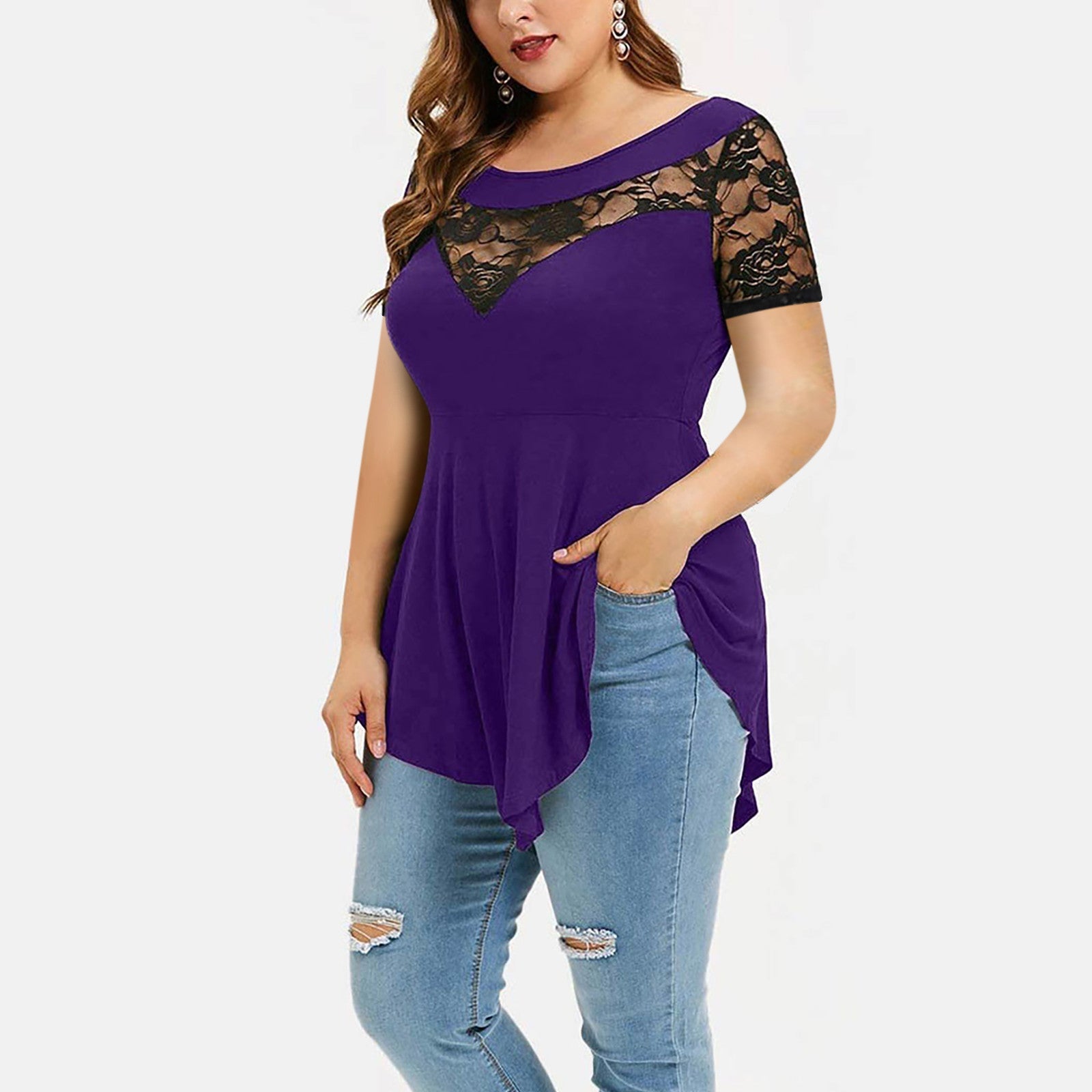 Plus Size Floral Lace Irregular Hem Blouse