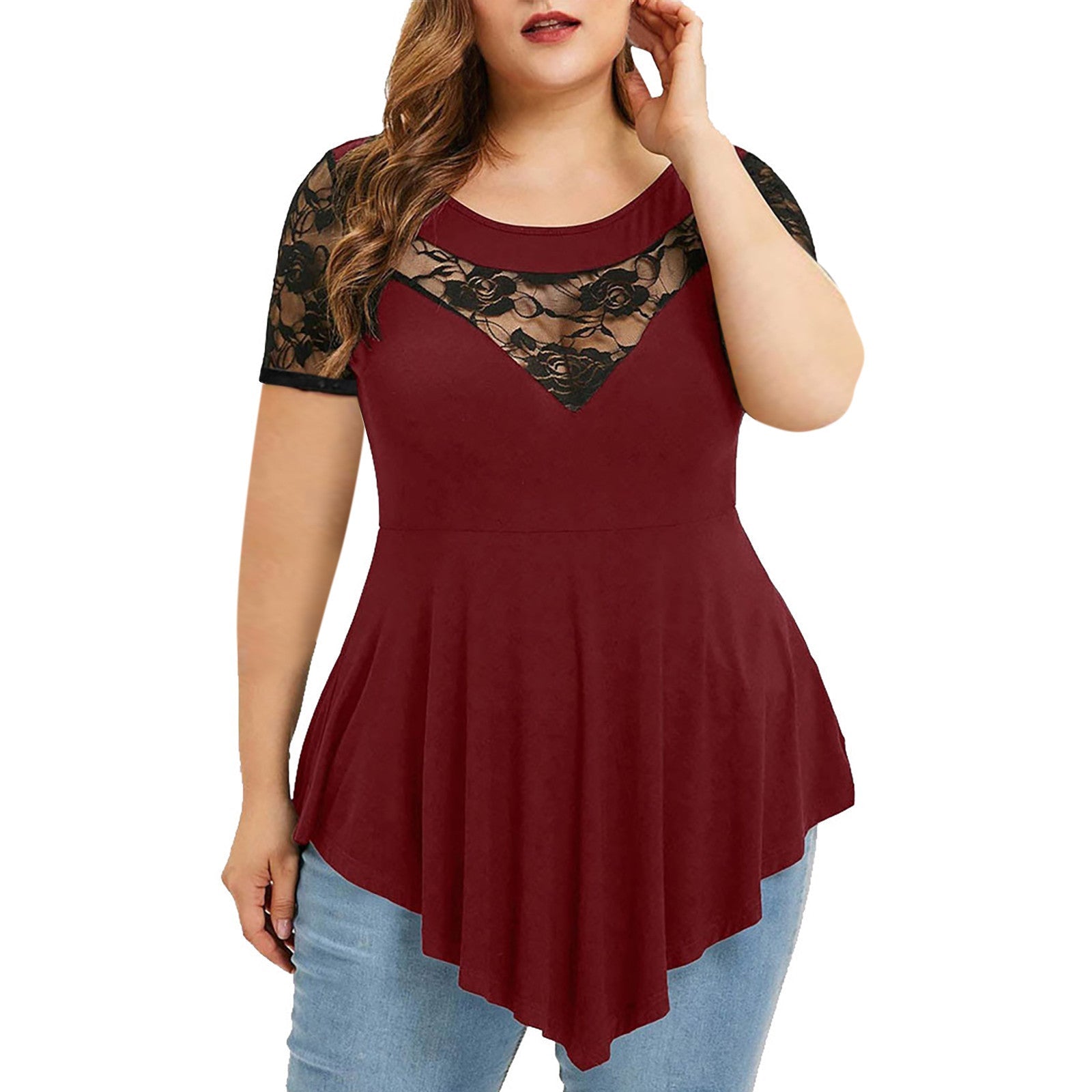 Plus Size Floral Lace Irregular Hem Blouse
