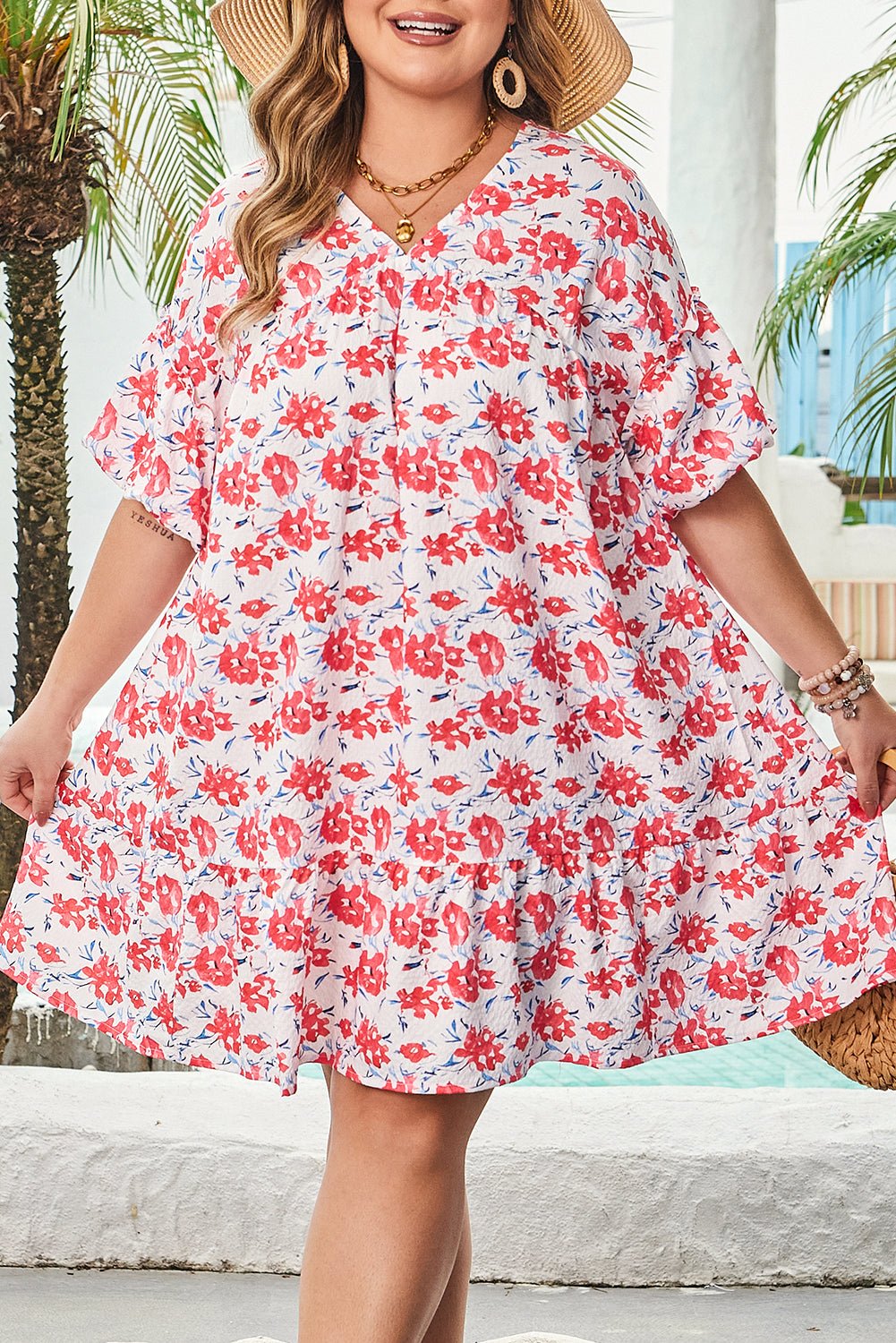 Plus Size Floral Ruffled V Neck Dress