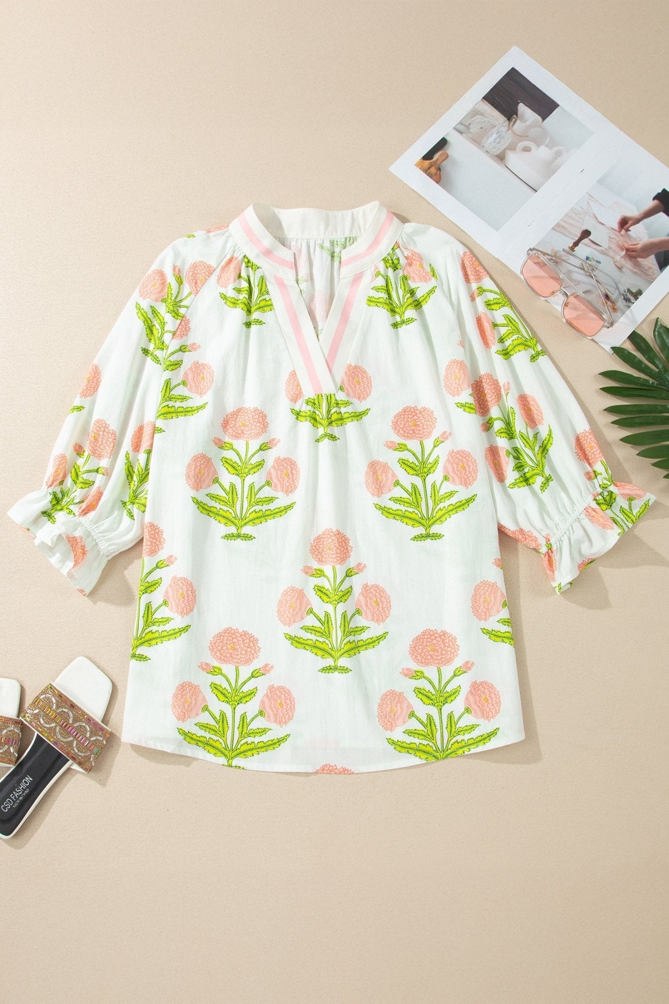 Plus Size Floral Striped Trim V Neck Blouse