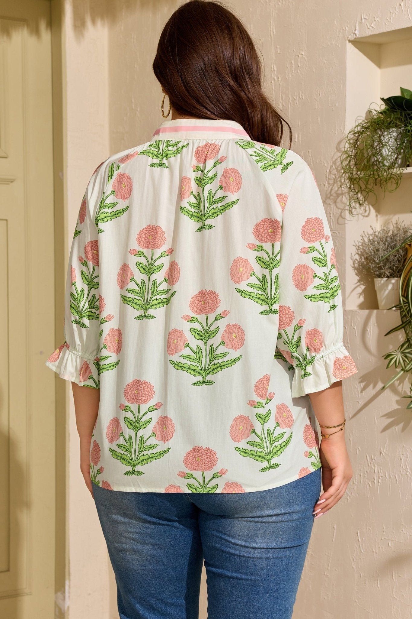 Plus Size Floral Striped Trim V Neck Blouse