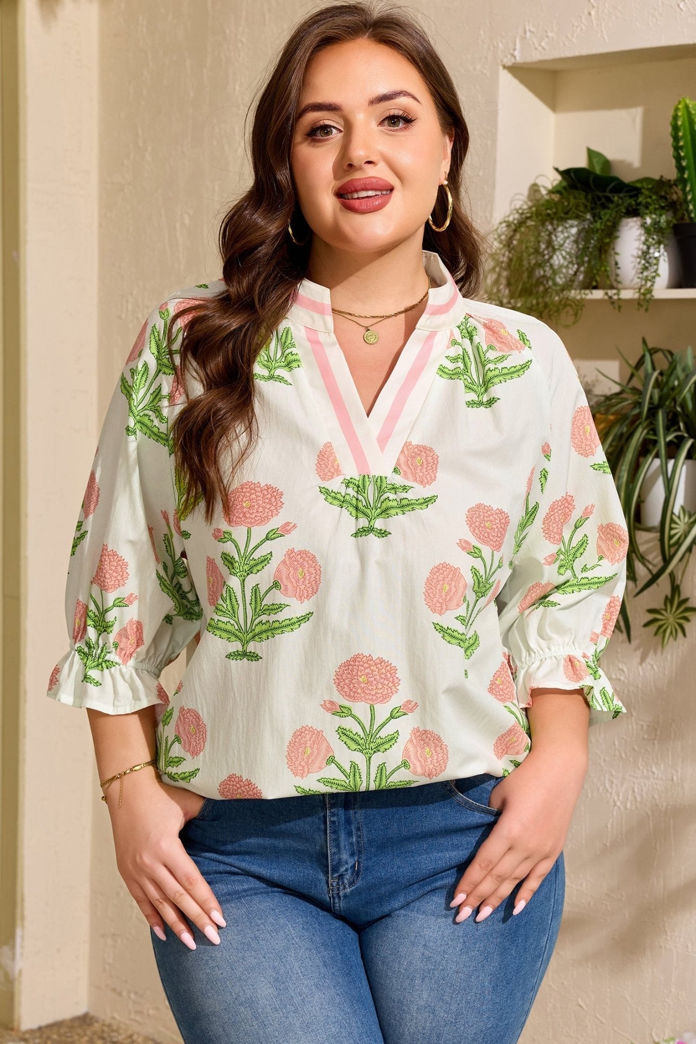 Plus Size Floral Striped Trim V Neck Blouse