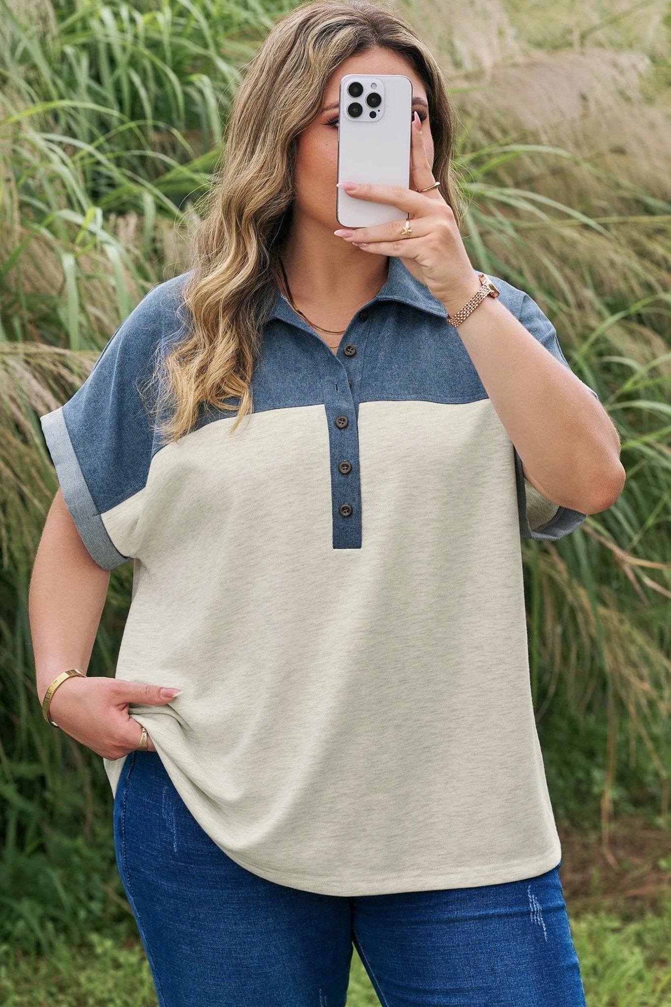 Plus Size Half Button Collared Denim Patchwork Top