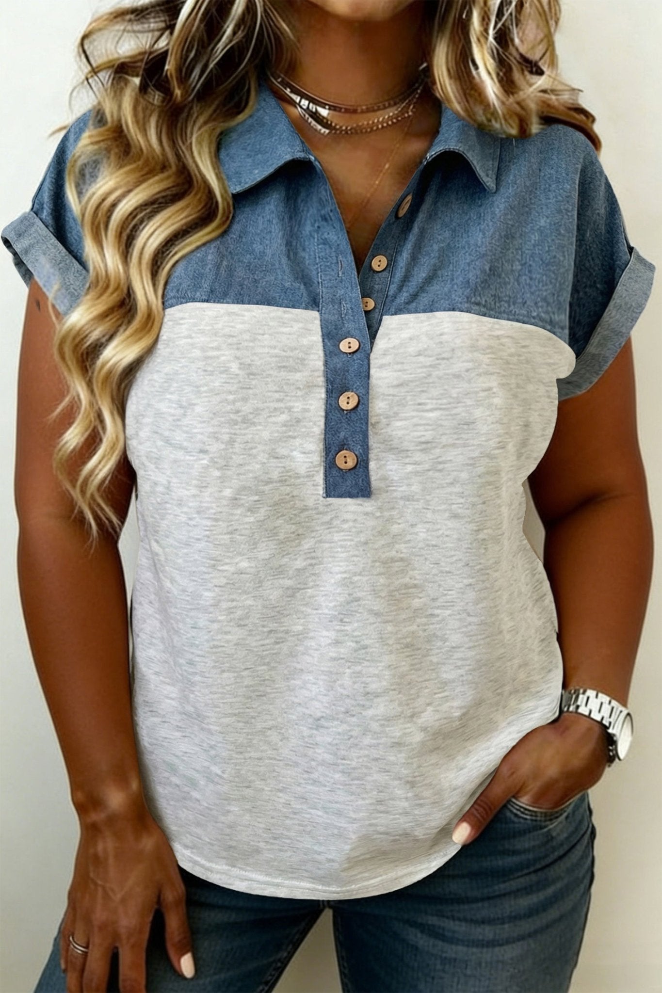 Plus Size Half Button Collared Denim Patchwork Top