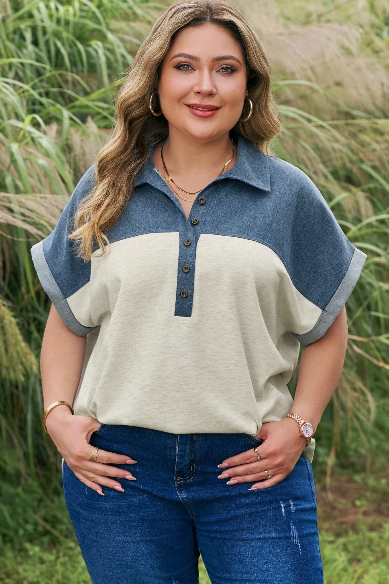 Plus Size Half Button Collared Denim Patchwork Top