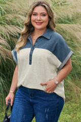 Plus Size Half Button Collared Denim Patchwork Top