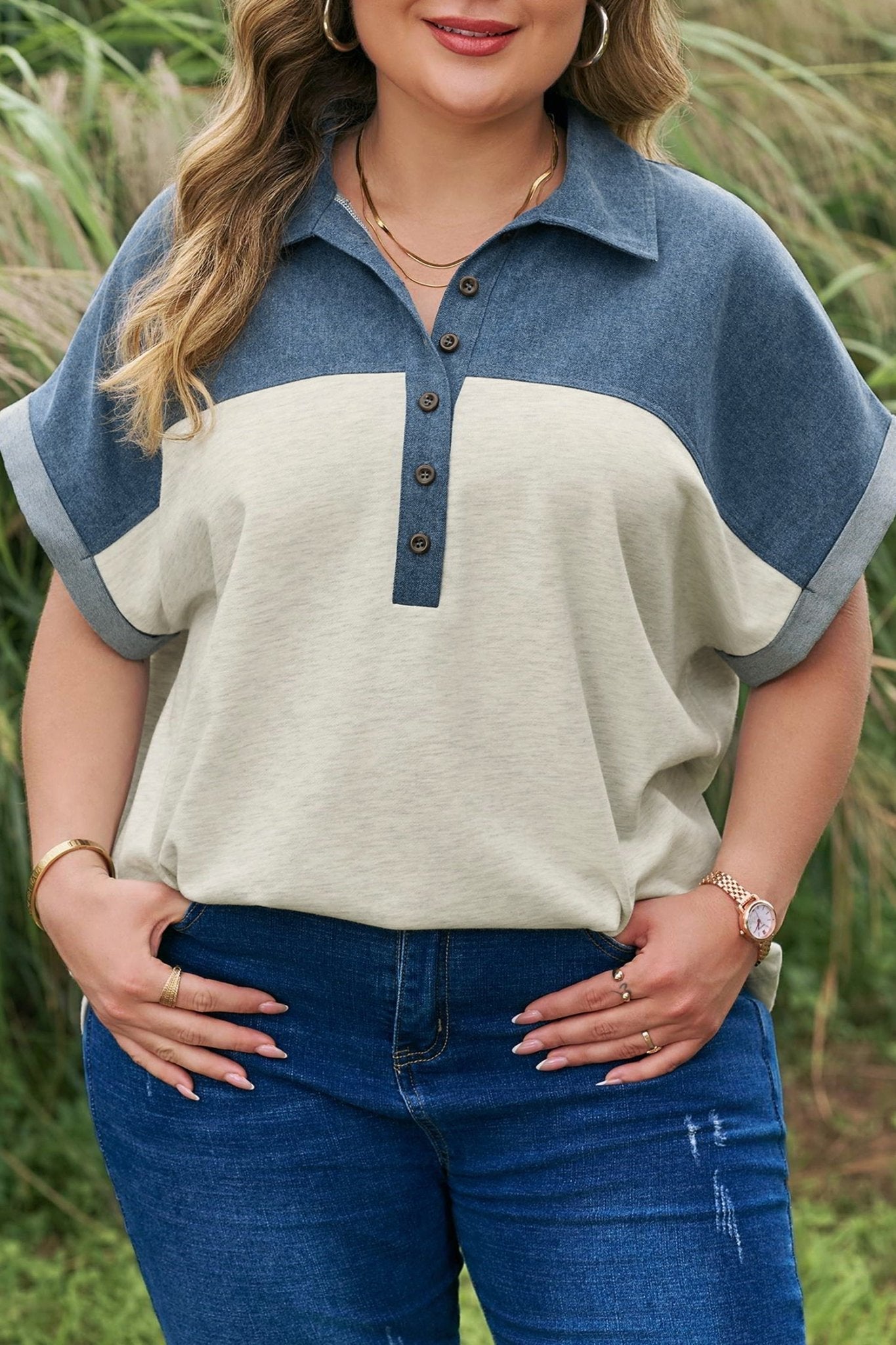 Plus Size Half Button Collared Denim Patchwork Top