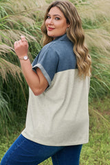 Plus Size Half Button Collared Denim Patchwork Top