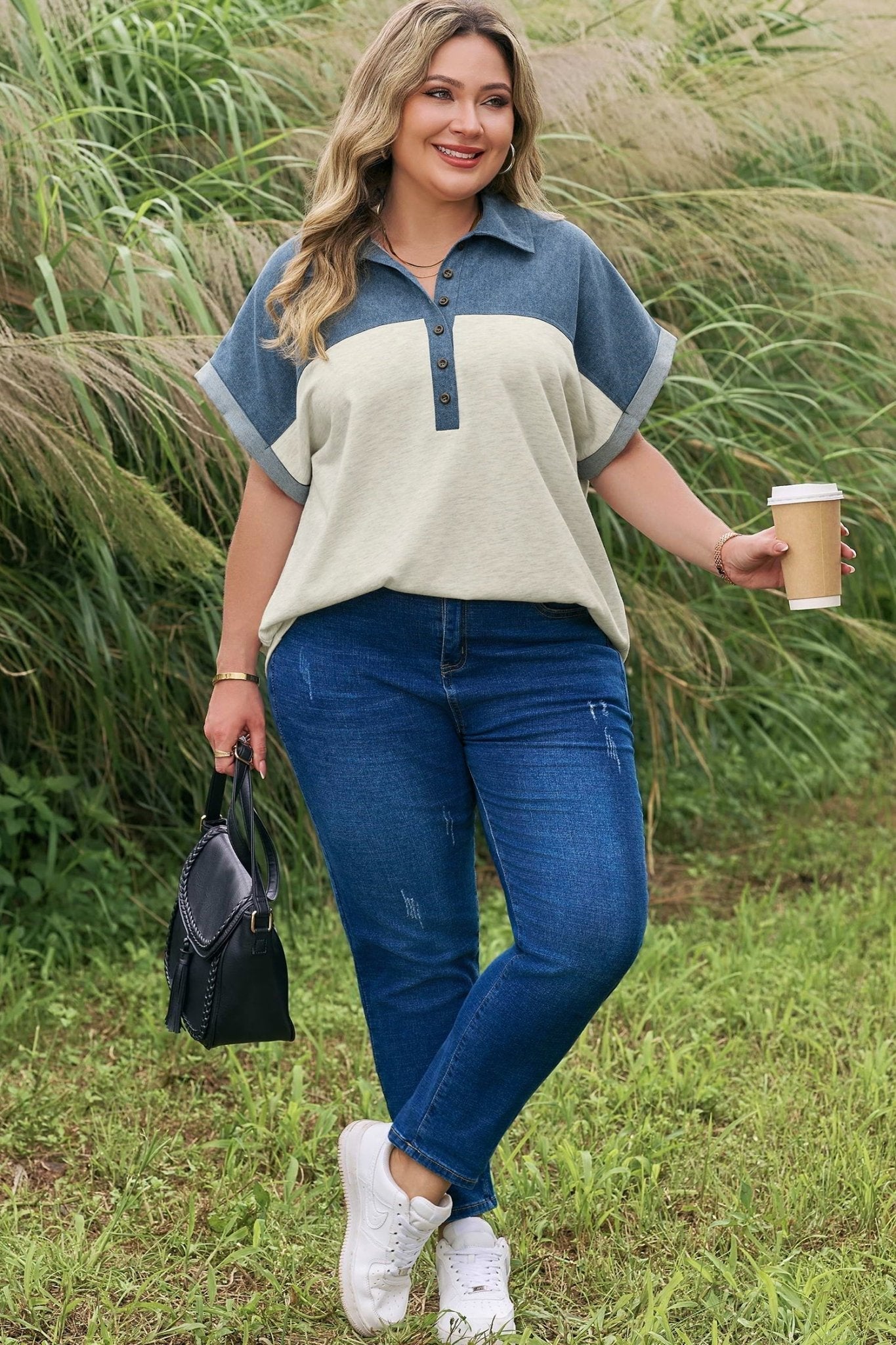 Plus Size Half Button Collared Denim Patchwork Top