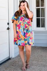 Plus Size Leafy Print Split Neck Shift Dress
