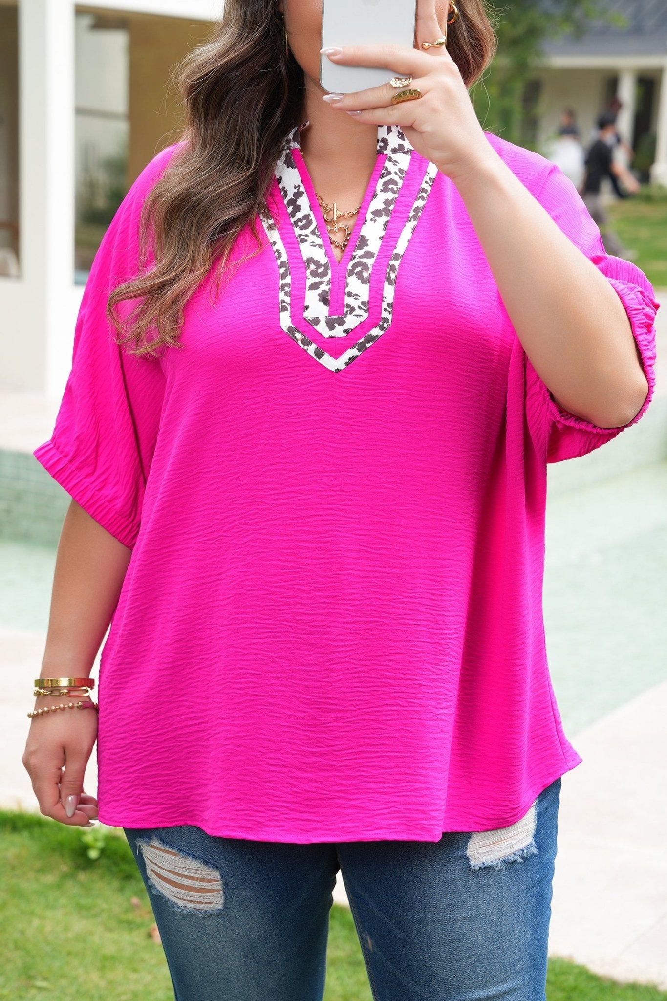 Plus Size Leopard Accent Notched Neck Top